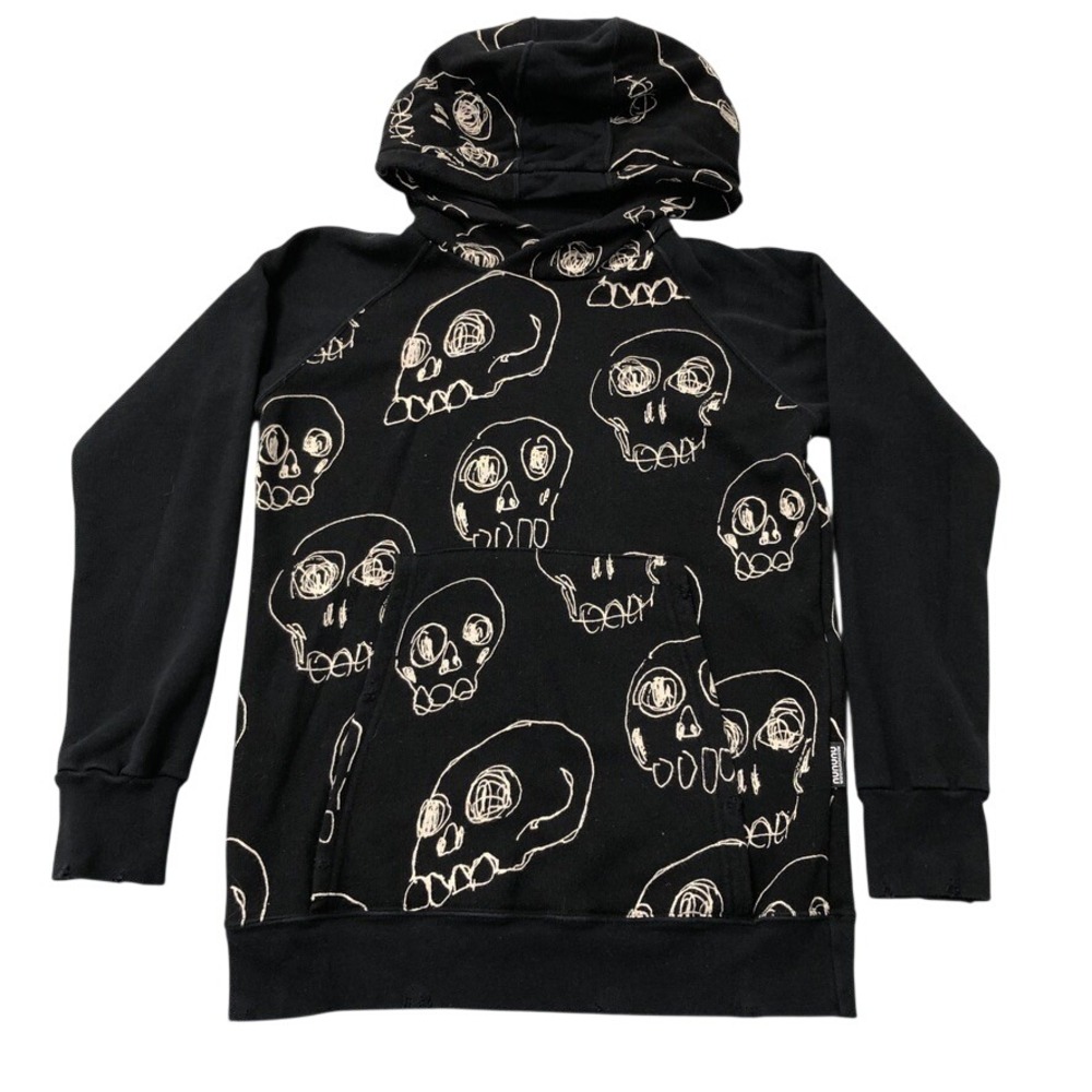 Nununu Skull Print Hoodie Unisex Size 10-11 Kids Black Distressed Raglan Sleeve